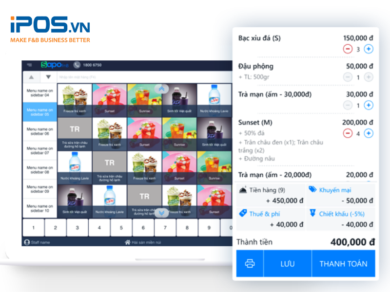 Phần mềm quản lý quán cafe Sapo FnB có tính năng order và thanh toán cơ bản 