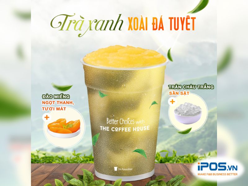 Trà Xanh Xoài Đá Tuyết là thức uống mang hương vị trái cây mới lạ, tốt cho sức khỏe.